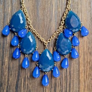 Statement Bib Necklace Cobalt Blue Faux Gemstones & Beads Goldtone 18"+3" ext